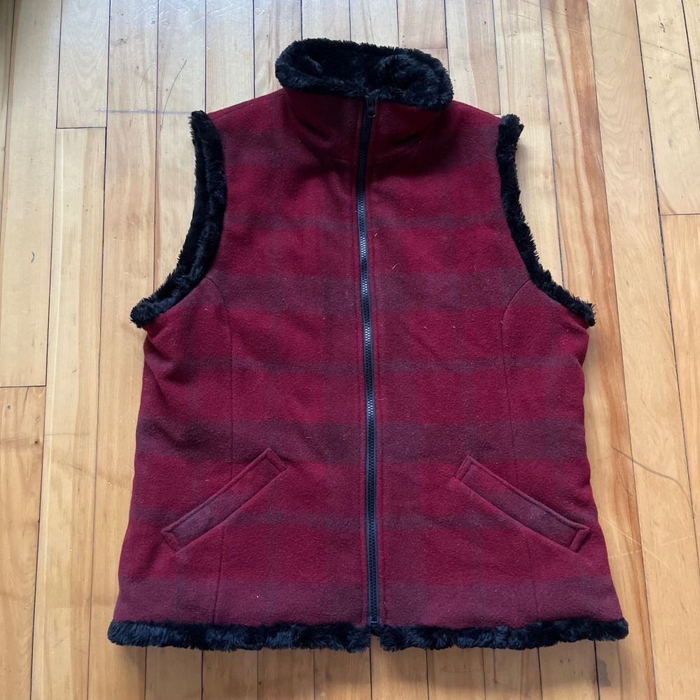 Woolrich Womens Plaid Fleece Vest L G Ruby Plaid Black Fur Trim Zip